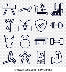 Strong icons set. set of 16 strong outline icons such as shave hair in skin, treadmill, barbell, muscular arm  on phone, muscular arm, barbell   isolated, shield, helmet