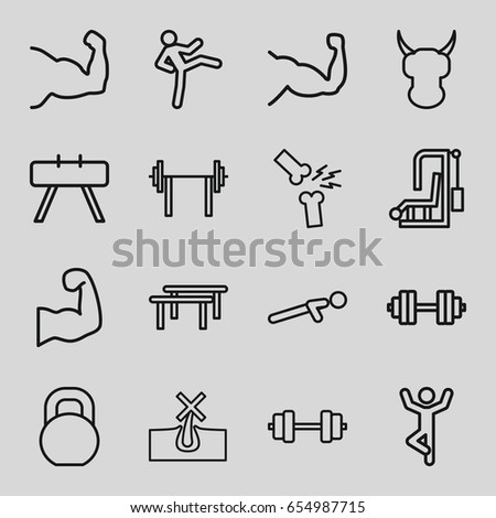 Strong icons set. set of 16 strong outline icons such as no hair in skin, muscle, push up, barbell, broken leg or arm, muscular arm, barbell   isolated, helmet, muscle arm