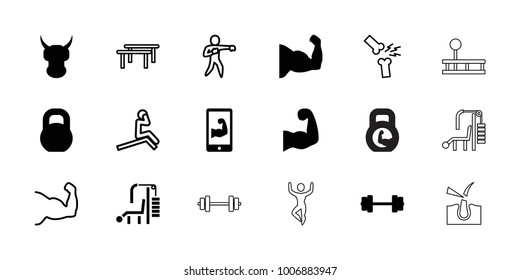 Strong icons. set of 18 editable filled and outline strong icons: barbell, helmet, muscle arm, muscular arm  on phone, horizontal bar, man doing exercises, karate