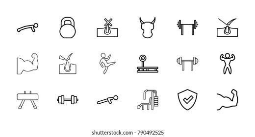 Strong icons. set of 18 editable outline strong icons: no hair in skin, shave hair in skin, shield, barbell, helmet, fintess equipment, muscle arm, man doing exercises