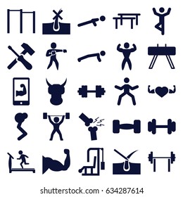 Strong icons set. set of 25 strong filled icons such as no hair in skin, shave hair in skin, treadmill, barbell, muscle, heart with muscles, push up, broken leg or arm, karate