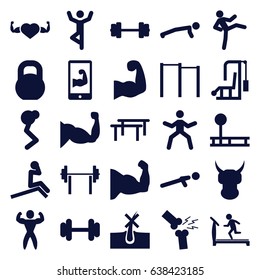 Strong icons set. set of 25 strong filled icons such as no hair in skin, treadmill, barbell, muscle, heart with muscles, push up, broken leg or arm, bodybuilder
