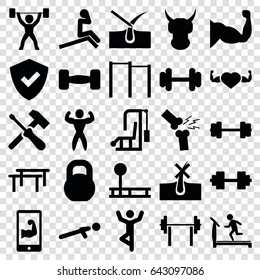 Strong icons set. set of 25 strong filled icons such as no hair in skin, shave hair in skin, treadmill, barbell, muscle, heart with muscles, push up, broken leg or arm