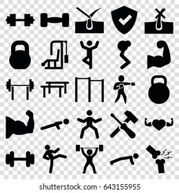 Strong icons set. set of 25 strong filled icons such as no hair in skin, shave hair in skin, barbell, heart with muscles, push up, broken leg or arm, karate, kettle