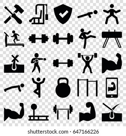 Strong icons set. set of 25 strong filled icons such as no hair in skin, shave hair in skin, treadmill, barbell, muscle, push up, karate, kettle, muscular arm  on phone