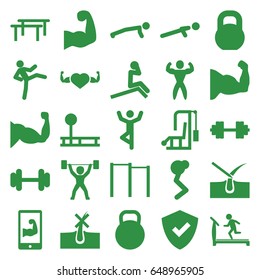 Strong icons set. set of 25 strong filled icons such as no hair in skin, shave hair in skin, treadmill, barbell, muscle, heart with muscles, push up, bodybuilder, kettle