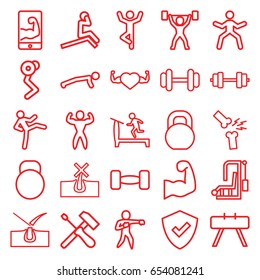 Strong icons set. set of 25 strong outline icons such as no hair in skin, shave hair in skin, treadmill, barbell, heart with muscles, broken leg or arm, karate, bodybuilder