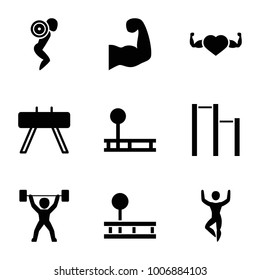 Strong icons. set of 9 editable filled strong icons such as fintess equipment, heart with muscles, muscular arm, power lifter, horizontal bar
