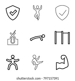 Strong icons. set of 9 editable outline strong icons such as shield, horizontal bar, man doing exercises, muscular arm