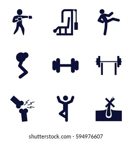 strong icons set. Set of 9 strong filled icons such as no hair in skin, barbell, broken leg or arm, karate, man doing exercises