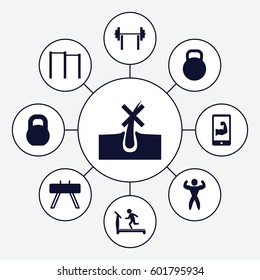 strong icons set. Set of 9 strong filled icons such as no hair in skin, treadmill, barbell, bodybuilder, kettle, muscular arm  on phone, horizontal bar