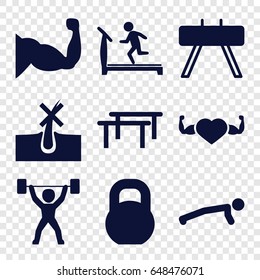 Strong icons set. set of 9 strong filled icons such as no hair in skin, treadmill, muscle, heart with muscles, barbell, power lifter, fintess equipment, horizontal bar