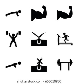 Strong icons set. set of 9 strong filled icons such as no hair in skin, shave hair in skin, treadmill, muscle, push up, power lifter, muscle arm, man doing exercises