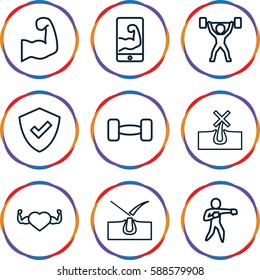 strong icons set. Set of 9 strong outline icons such as no hair in skin, shave hair in skin, heart with muscles, karate, barbell, muscular arm  on phone, muscular arm