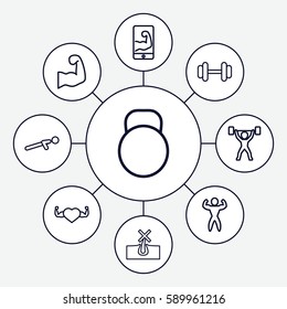 strong icons set. Set of 9 strong outline icons such as no hair in skin, barbell, heart with muscles, push up, bodybuilder, kettle, muscular arm  on phone, muscular arm