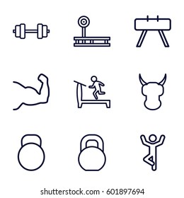strong icons set. Set of 9 strong outline icons such as treadmill, barbell, kettle, helmet, fintess equipment, muscle arm
