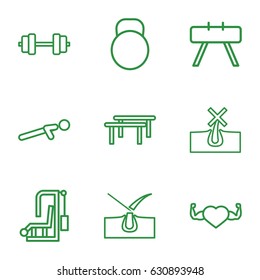 Strong icons set. set of 9 strong outline icons such as no hair in skin, shave hair in skin, heart with muscles, push up, kettle, fintess equipment, horizontal bar
