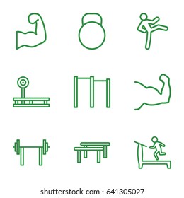 Strong icons set. set of 9 strong outline icons such as treadmill, kettle, muscular arm, horizontal bar, fintess equipment, muscle arm, man doing exercises