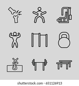 Strong icons set. set of 9 strong outline icons such as no hair in skin, barbell, broken leg or arm, bodybuilder, horizontal bar, man doing exercises