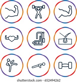 Strong icons set. set of 9 strong outline icons such as shave hair in skin, muscle, heart with muscles, push up, barbell, power lifter, muscle arm, man doing exercises