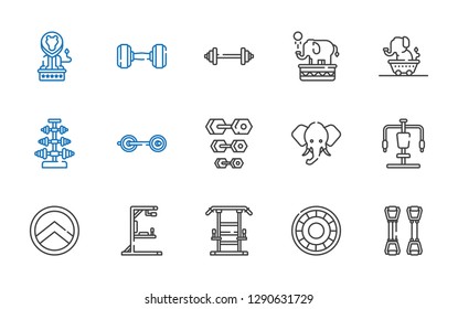 strong icons set. Collection of strong with chest expander, shield, gym station, elephant, dumbbell, barbell, lion. Editable and scalable strong icons.