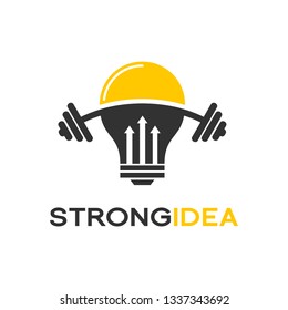 Strong Idea or Creative idea vector logo template. Logo with barbell and bulb lamp. Grey and yellow color.