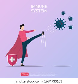 Strong immune system concept. Powerful man character kicking virus or infectious agent. Metaphor vector illustration template 