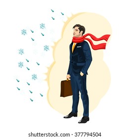 Strong Immunity Business Man, Opposition To Bad Weather Conditions, Health In The Big City, A Strong Character. Handsome Man In A Business Suit And Scarf, With A Briefcase, Vector Illustration