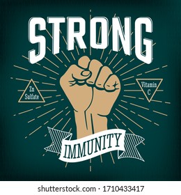 Strong Immunity Inverted Concept Based on Popular Measures for Coronovirus Preventions with Hand Clenched into Power Fist and Logo Lettering - Gold on Turquoise Background - Vector Graphic Design