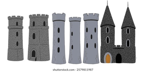 A strong and imposing stone castle tower Cartoon, Hand drawing illustration, perfect for medieval fantasy settings, wizard academies, and grand magical fortresses.