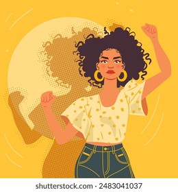 Retrato de mujer independiente fuerte, arte pop brillante pintar obra de arte en color, ilustración plana de Vector. Silueta del punto de la moda femenina con el fondo amarillo. Asistencia de hermandad del feminismo del poder femenino