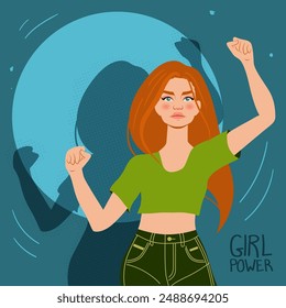 Retrato de mujer independiente fuerte, arte pop brillante pintar obra de arte en color, ilustración plana de Vector. Silueta del punto de la moda femenina con el fondo amarillo. Asistencia de hermandad del feminismo del poder femenino