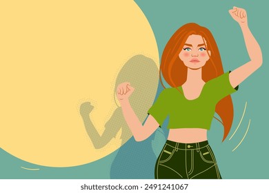 Retrato de mujer independiente fuerte, arte pop brillante pintar obra de arte en color, ilustración plana de Vector con espacio de copia. Asistencia de hermandad del feminismo del poder femenino