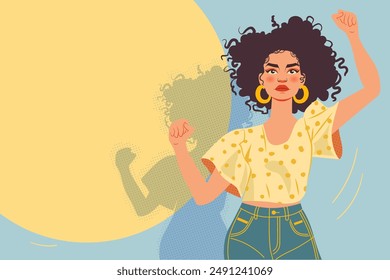 Retrato de mujer independiente fuerte, arte pop brillante pintar obra de arte en color, ilustración plana de Vector con espacio de copia. Asistencia de hermandad del feminismo del poder femenino