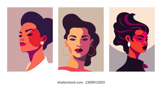 Strong independent woman portrait pop art paint color artwork poster set vector flat illustration. Fashion female abstract spot silhouette with pastel background girl power feminism sisterhood support