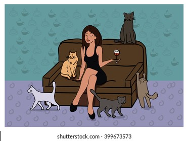 strong independent woman. sitting on the couch with glass of wine. Cat Lady