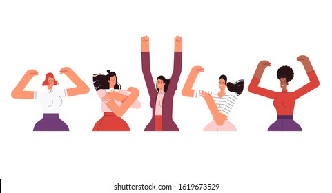 Strong independent women raise their hands and show their power.