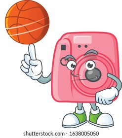 a strong instan camera cartoon character with a basketball