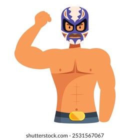 Strong and intimidating luchador is raising his fist in victory, showcasing his strength and determination