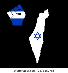 Strong Israel. Raised fist on blue and white Israeli national colour in map with David star. Freedom and support Israeli nation. Patriotic spirit - rising human hand. War between Gaza Strip and Israel