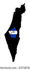 Strong Israel. Raised fist on blue and white Israeli national colour in map. Freedom and support Israeli nation. Patriotic spirit - rising human hand. War between militants Hamas and peace Israel