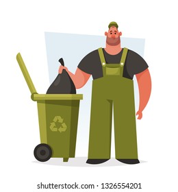 Strong Janitor Standing Near the Trash Container. Cartoon style. Vector Illustration