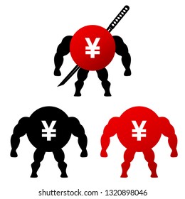 Strong japanese yen character with samurai sword, yen currency symbol, vector illustration isolated on white background