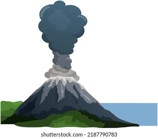 Strong jet of effluent hot lava. Erupting rock pinnacle volcano disaster with burning fire. Volcanic eruption mountain with magma in exotic village. Volcano with lava on tourist tropical island