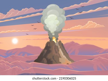 Strong jet of effluent hot lava. Erupting rock pinnacle volcano disaster with burning fire. Volcanic eruption mountain with magma in exotic village. Volcano with lava on tourist tropical island