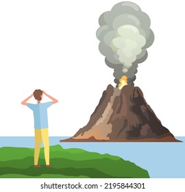 Strong jet of effluent hot lava, white clouds over top. Erupting rock pinnacle volcano disaster with burning fire. Guy watching volcanic eruption with magma. Shocked man looking at volcano with lava