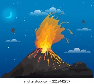 Strong Jet Of Effluent Hot Lava, White Clouds Over Top. Erupting Rock Pinnacle Volcano Disaster With Burning Fire. Volcanic Eruption Mountain With Magma. Volcano With Lava Vector Illustration