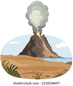 Strong Jet Of Effluent Hot Lava, White Clouds Over Top. Erupting Rock Pinnacle Volcano Disaster With Burning Fire. Volcanic Eruption Mountain With Magma. Volcano With Lava Vector Illustration