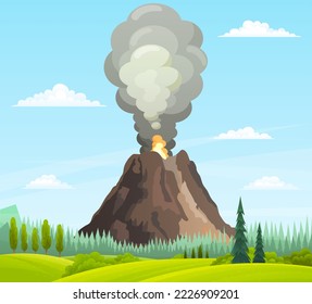 Strong jet of effluent hot lava, white clouds over top. Erupting rock pinnacle volcano disaster with burning fire. Volcanic eruption mountain with magma. Volcano with lava vector illustration