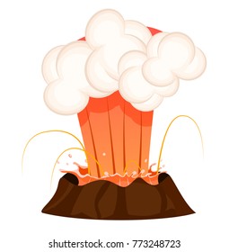 Strong jet of effluent hot lava, white clouds over top isolated. Erupting rock pinnacle volcano disaster with burning fire, last stage. Vector illustration of geological formations in cartoon style.